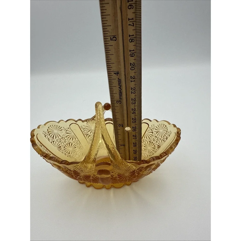 Vintage Fenton Honey Amber Daisy Button Glass Basket Dish with Split Twig Handle